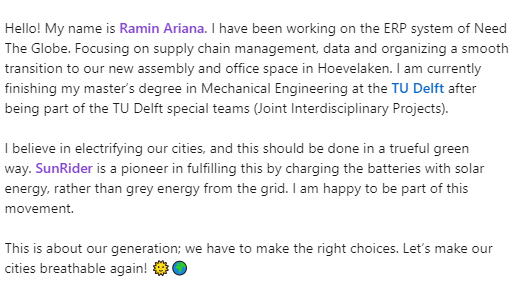 Meet our SunRider Ramin 😎

#sunrider #needtheglobe #solar #solarenergy #future #cleanfuture #engineering #lastmile #solarbike