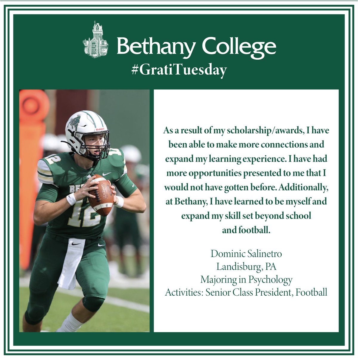 Bethany_College's tweet image. This #GratiTuesday, Dominic Salinetro '22 shares how he has been able to make more connections and expand his learning experience while at Bethany. #BethanyBold #ONEBethany