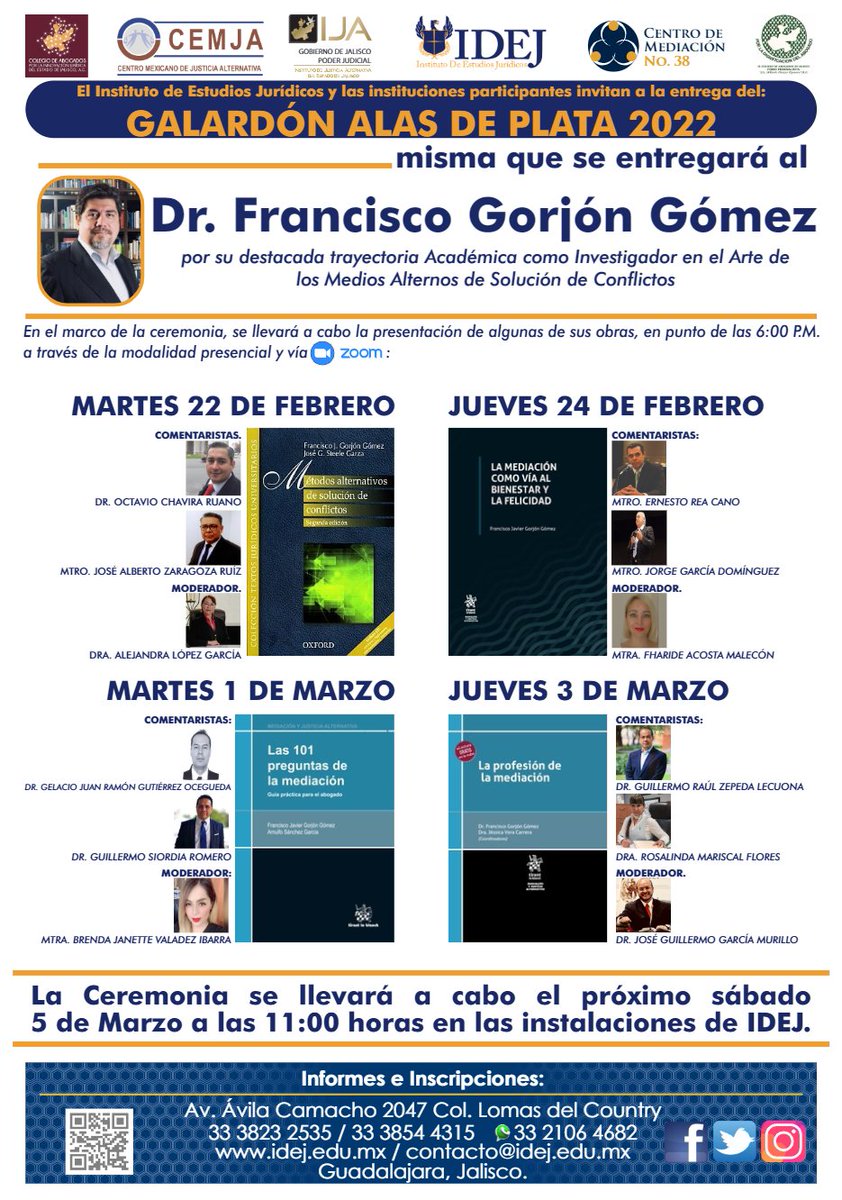 IDEJGuadalajara's tweet photo. Se llevarán a cabo unas conferencias para presentar algunas de sus obras. 📚 ¡Registro sin costo! 🗓️ 22 y 24 de febrero, 1 y 3 de marzo de 2022
💻 Presencial y vía Zoom
📲  (33) 2106 4682
☎️ (33) 3823 2535 / 3854 4315
📩 contacto@idej.edu.mx https://t.co/XifnRgGrE6