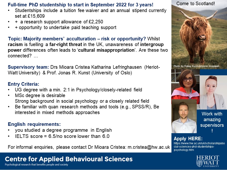 Dr Katharina Addington-Lefringhausen (@dr_klef) on Twitter photo Interested in #intergroup relationships, #acculturation, #radicalization and #culturalappropriatness? Then apply for our #phd #Scholarship, topic: "majority members' acculturation - risk or opportunity?' at <a href="/HWPsych/">Psychology at Heriot-Watt</a> #psychology <a href="/PolPsyNetDE/">Political Psychology Network DE</a> <a href="/AASP_AJSP/">Asian Social Psychology</a> jobs.ac.uk/job/CNB823/psy… Interested in #intergroup relationships, #acculturation, #radicalization and #culturalappropriatness? Then apply for our #phd #Scholarship, topic: "majority members' acculturation - risk or opportunity?' at <a href="/HWPsych/">Psychology at Heriot-Watt</a> #psychology <a href="/PolPsyNetDE/">Political Psychology Network DE</a> <a href="/AASP_AJSP/">Asian Social Psychology</a> jobs.ac.uk/job/CNB823/psy…