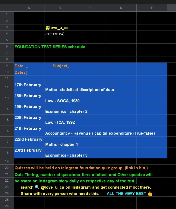 Love_u_ca_'s tweet photo. Upcoming quizzes with dates for ca foundation.

Join telegram quiz group link in bio.
→it will be free of cost as always ✍️

And share as much as possible to help each other.

#love_u_ca 
#CharteredAccountant 
#caquiz https://t.co/Vx0M0uAss1