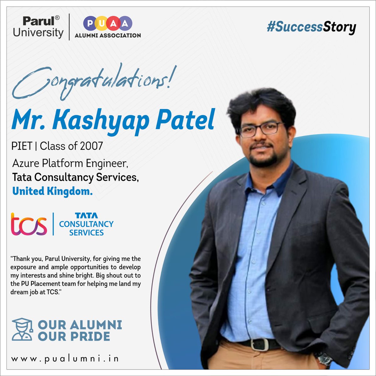 ParulAlumni's tweet photo. #InternationalAlumniConnect
Placed through PU,
At TCS he grew!
Congratulating our prominent Alumnus, Mr. Kashyap Patel on completing 10 glorious years at Tata Consultancy Services.
#ProminentAlumni
#PIET #Class_of_2007
#PUAlumniAssociation
#ParulUniversity https://t.co/SVPmiLjd4V