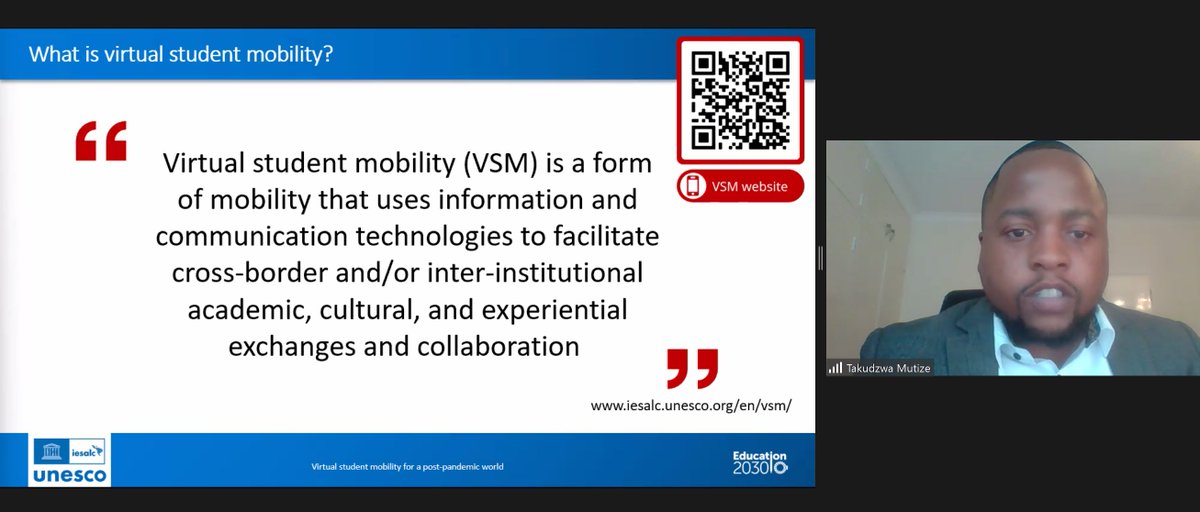 DrEmmaHW's tweet photo. What is #VirtualStudentMobility #MovilidadVirtualEstudiantes?
@Takudzwa_Mutize explains how we define it at @unesco_iesalc
@BC_CIHE https://t.co/1mcg5Zk5vQ