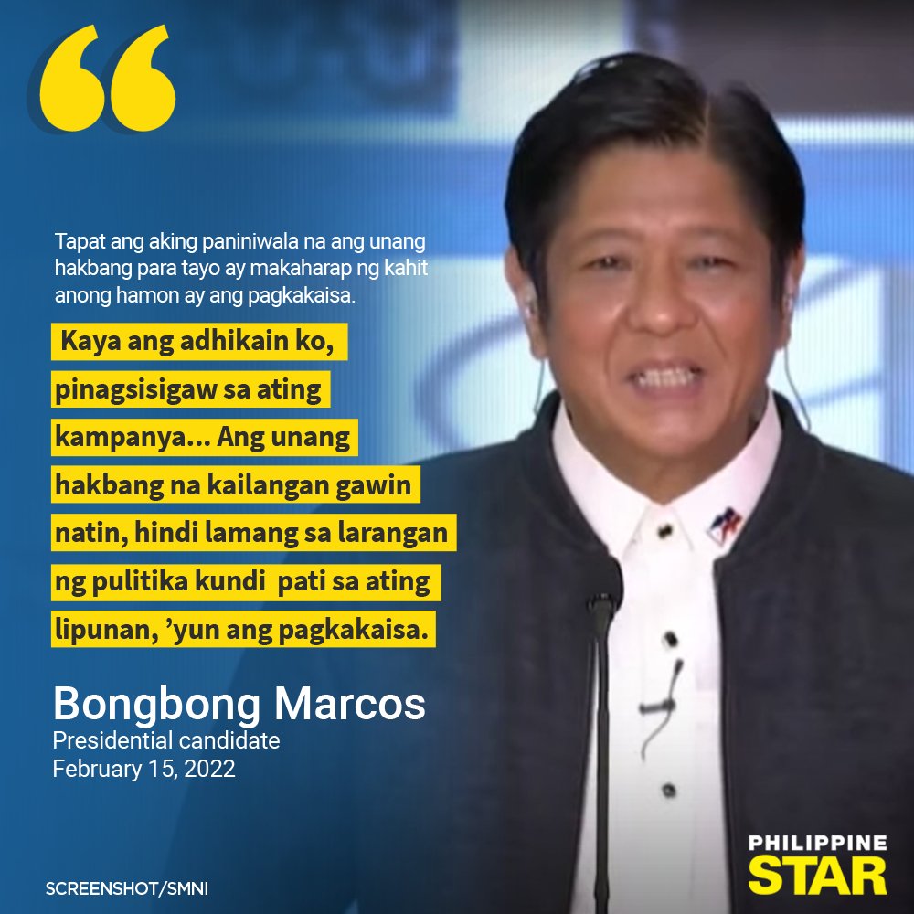 PhilippineStar's tweet photo. Presidential aspirant Bongbong Marcos pushes further with his advocacy of unity in his closing statement in SMNI’s Presidential Debates. #BilangPilipino2022 https://t.co/GaSpYKvpNo