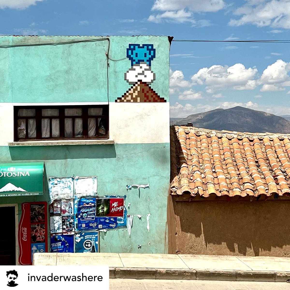 myartbroker's tweet photo. Invader’s incredible new work in Potosi, Bolivia as seen on his Instagram last week. 

#Repost @invaderwashere POTI_31
👾
☁️
⛰
#potosi #bolivia #emojinvader #mission4000 #invaderartist #contemporaryart #emoji #art #artist #contemporaryartist #contemporaryart #frenchartist https://t.co/6AFyBYTjtM
