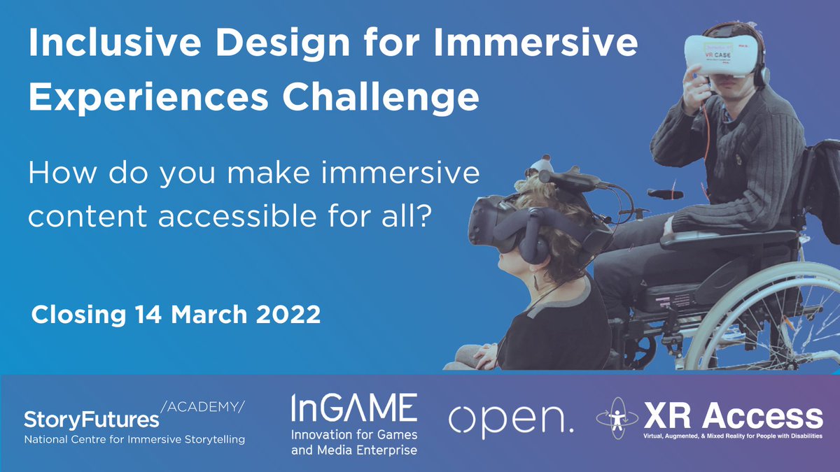 InGAME_Dundee's tweet photo. We are delighted to launch this challenge with @StoryFuturesA, supported by @openforaccess. A new innovation programme designed to accelerate the adoption and evolution of inclusive design within immersive content. 
Read More &amp; Apply Now: https://t.co/NDHTunYqMZ

#InclusiveDesign https://t.co/P5ydjG7w9D