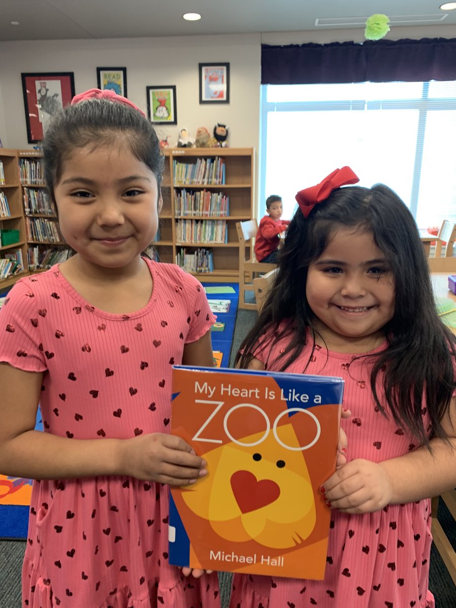 APonderLibrary's tweet image. Using books to raise awareness of shapes in our world and surroundings.  After we read the book, our two students had to show me their matching heart dresses! #MisdLibLove