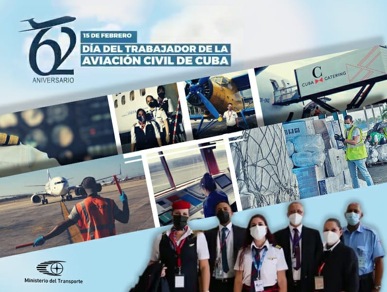 Con #VocaciónUnidadCompromiso,  los trabajadores de la #AviaciónCivilDeCuba celebran hoy, 15 de febrero, su Aniversario 62. Lleguen desde el @MitransCuba nuestras felicitaciones. La familia de #TransporteCuba les da la bienvenida.  #DíaDelTrabajadorDeLaAviaciónCivilDeCuba.