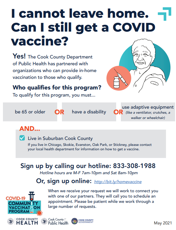 CERCLoyola's tweet photo. ✅ If you're homebound, you can get vaccinated at home if you're: 65 or older, have a disability, or use adaptive equipment, and live in Suburban Cook County.
✅ Sign up now by calling 833-308-1988 or using this link https://t.co/lGHORNZcPJ
#GETVAXXED #CCDPH #CookCountyHealth https://t.co/aq7PvdxboE