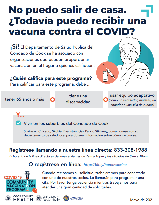CERCLoyola's tweet photo. ✅ If you're homebound, you can get vaccinated at home if you're: 65 or older, have a disability, or use adaptive equipment, and live in Suburban Cook County.
✅ Sign up now by calling 833-308-1988 or using this link https://t.co/lGHORNZcPJ
#GETVAXXED #CCDPH #CookCountyHealth https://t.co/aq7PvdxboE