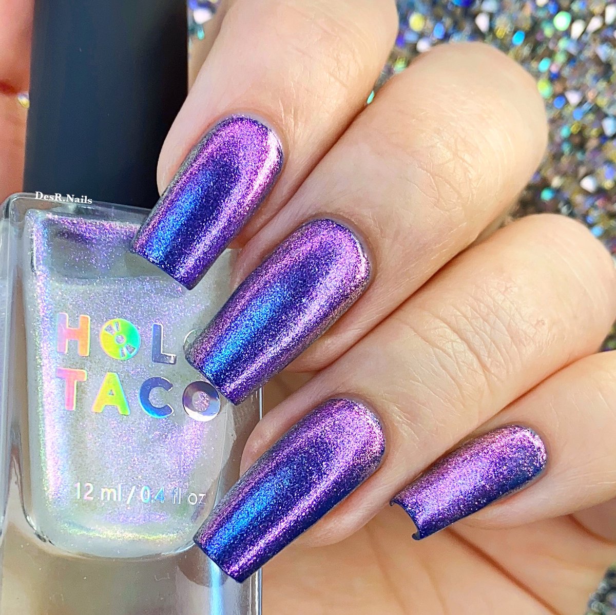 RiordanDes's tweet photo. Here’s my #swatch of @holotaco Shady Navy and Twilight Shimmer from the #wintershimmerscollection shown in two coats @nailogical #holotaco #nails #swatcher #somedayillbeaholotacoswatcher ;) https://t.co/mFyG72r2Tn