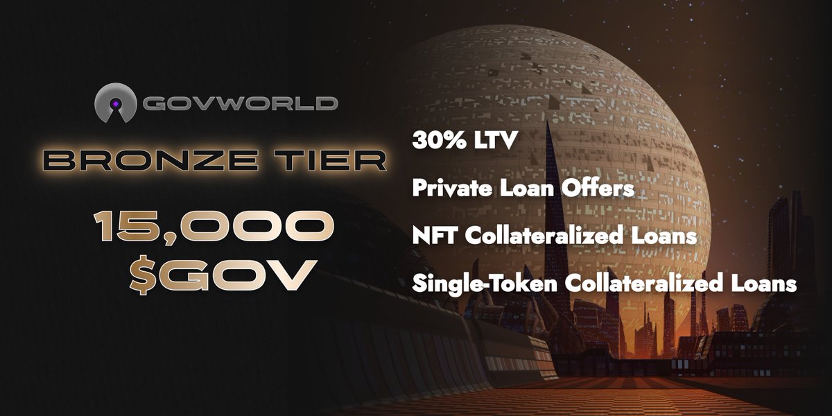 govworld1's tweet photo. Your Loan To Value (LTV) determines how much you can borrow against your capital π¦
π₯ Bronze Tier gets you a max LTV of 30% - so $10k worth of collateral can get you up to $3k on loan π
Want a higher LTV? Get enough $GOV for the next tier π
#GovWorld #DeFi #NFT #Lending https://t.co/j5Ia5Vw8HA