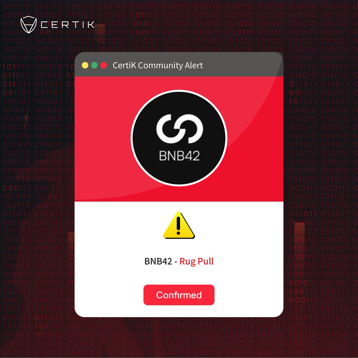CertiKCommunity's tweet photo. #CommunityAlert 🚨

#BNB42 has been detected as a #rugpull. 

The owner of the contract deployed an UNVERIFIED contract, in which there is a function `withdraw()` to only allow the owner to withdraw the entire total BNB (eth.balance(this.address) wei) to owner’s address. https://t.co/f0S1urDPvM