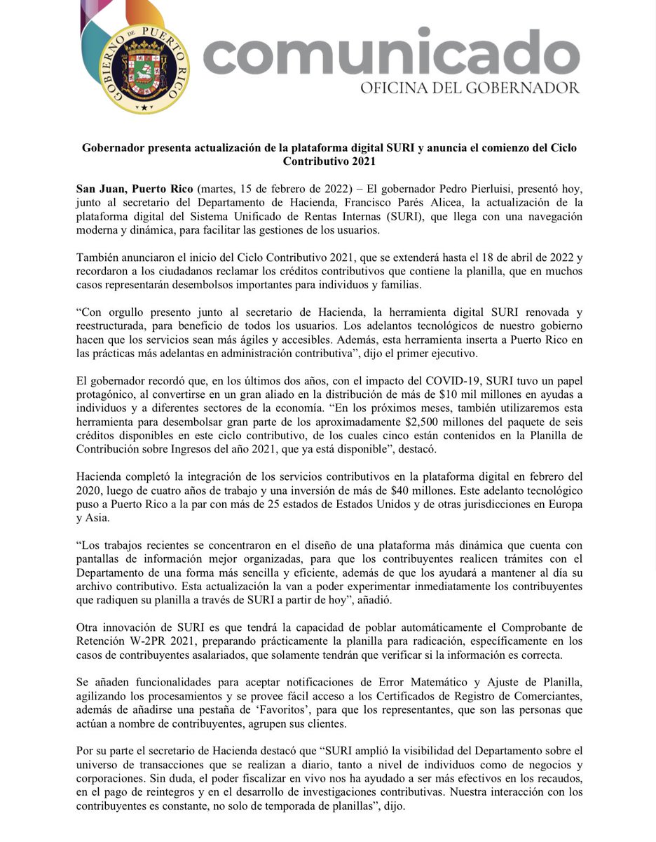 lafortalezadepr's tweet photo. [Comunicado de prensa] @GovPierluisi presenta actualización de la plataforma digital SURI y anuncia el comienzo del Ciclo Contributivo 2021 https://t.co/EqvCMZb87z
