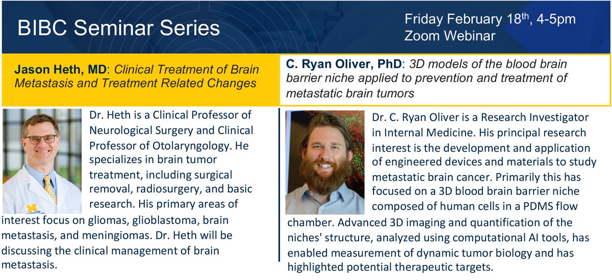KayleeSteen7's tweet photo. 📢Happening this Friday📢 February 18, 4-5pm #BioInnovationsinBrainCancer Seminar with @heth_jason and Dr. Ryan Oliver
🔹Clinical and engineering approaches to metastatic brain tumors 
🔹Learn more 👇 https://t.co/3iPgEu9HGq https://t.co/u5duMZiOEM