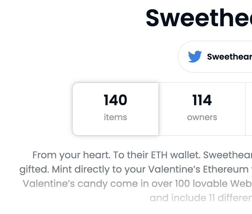 Jayme Hoffman (@jaymehoffman) on Twitter photo Do people want to gift NFTs?
Yes
- 114 lovers minted 140 (14th irony) <a href="/SweetheartzNFT/">Sweetheartz</a>
- Over 50% were minted to another use's wallet
- Gas: $20-58, $30avg. and $4,765.56 total 🤮 Do people want to gift NFTs?
Yes
- 114 lovers minted 140 (14th irony) <a href="/SweetheartzNFT/">Sweetheartz</a>
- Over 50% were minted to another use's wallet
- Gas: $20-58, $30avg. and $4,765.56 total 🤮