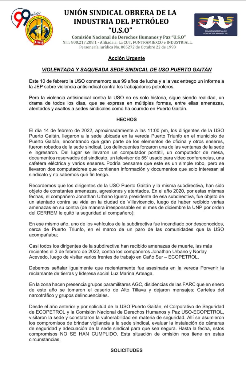 Comisión Nacional de Derechos Humanos y Paz - USO tweet media