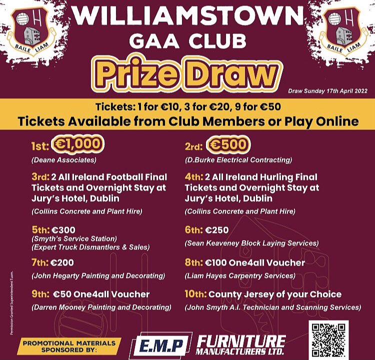 🗞 | The club is excited to announce an upcoming Prize Draw which takes place on April 17th. 

 Get your ticket(s) online👇🏼
🔗  klubfunder.com/Clubs/Williams…

🤝 | Thanks to all of our local businesses who generously sponsored all prizes and promotional materials.