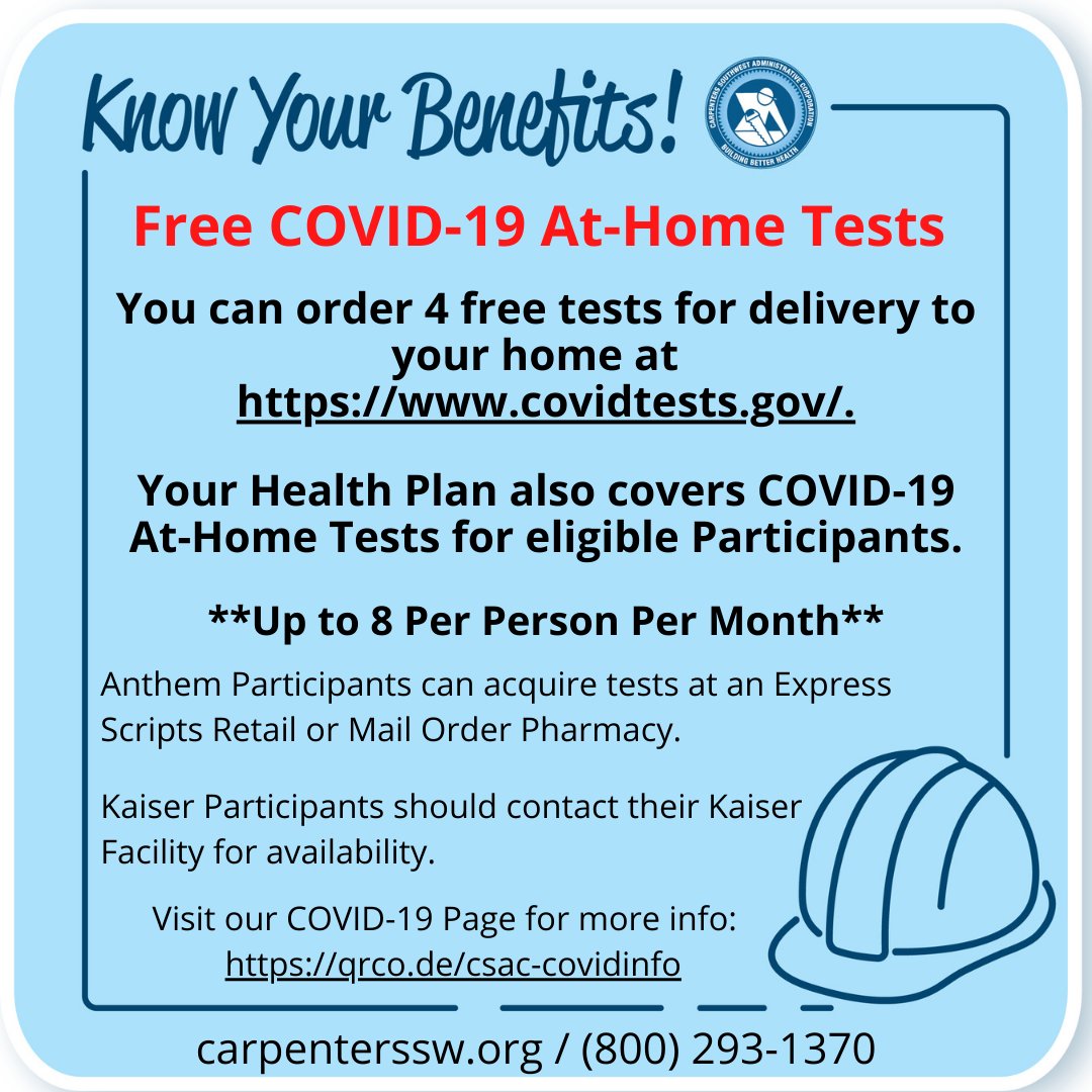 Free COVID-19 at-home tests delivered directly to your door!  🚑 🏡

 #SWCarpenters #BuildBetter #UnionCarpenters #Union #Brotherhood #WeBuildAmerica #UnionStrong #Carpenters #EssentialWorkers #SouthwestCarpenters #COVID19 #CovidTest