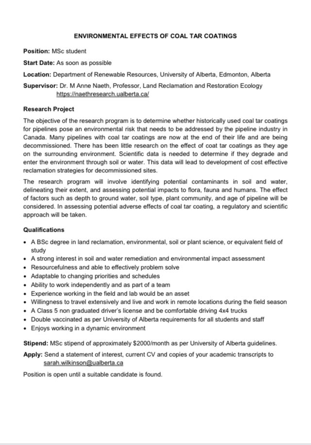 nzediegwu23's tweet photo. My supervisor has 2 Fully-funded #MSc positions at the @UAlberta. Idea for someone in #soil and #environmental science &amp; land #remediation. To be filled ASAP.
See posters for details @olumuyiwaayo @drhammed https://t.co/NoQKGH1LT5