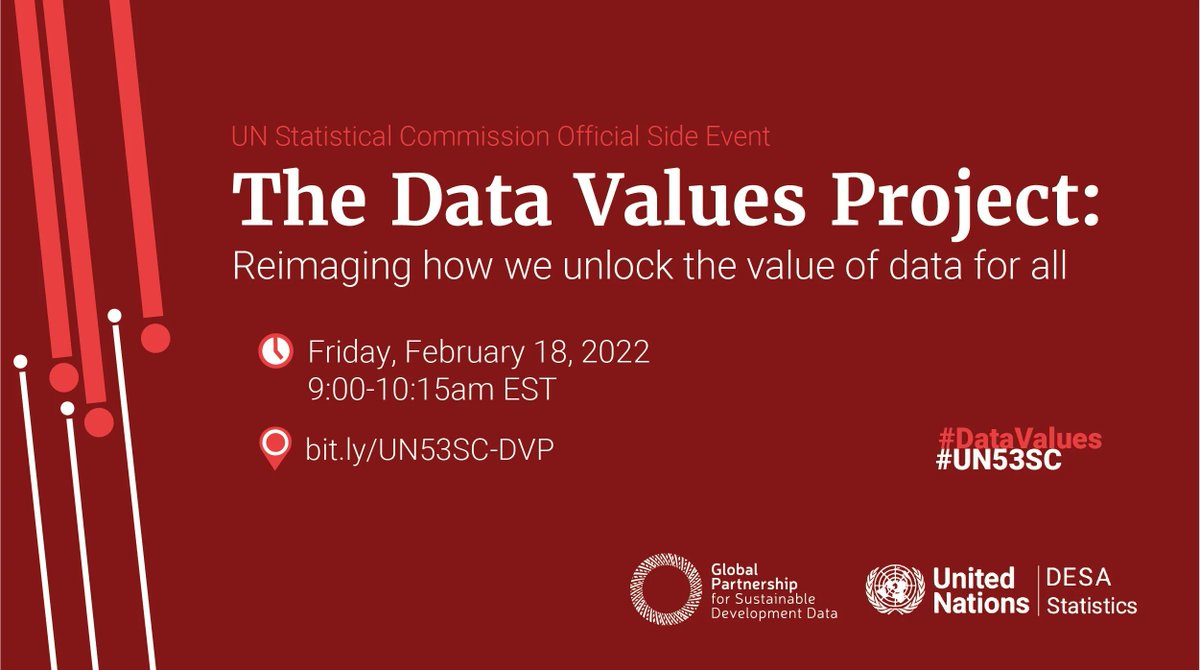 How can statistics and data help to build inclusive & equitable societies? 

Join us at #UNSC53 & discuss #DataValues with @ParadigmHQ @StatCan_eng @UNStats @DANE_Colombia @UDPKenya @KNBStats @Data4SDG on Friday.

18 Feb | 9-10.15am EST 

Register now ➡️ bit.ly/UN53SC-DVP