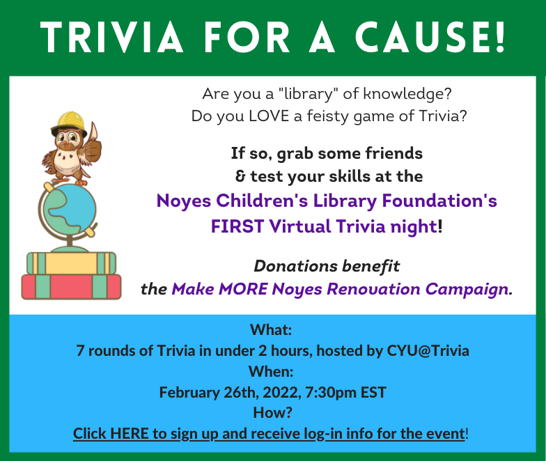 MakeMoreNoyes's tweet photo. Join us for our first Virtual Trivia Night where we'll play 7 rounds of trivia in under 2 hours on Feb 26 at 7:30pm

Sign up here to receive the Zoom link: https://t.co/VDHk6NDIZz

This event is free, but donations to the Make More Noyes renovation campaign are appreciated. https://t.co/sPPuoLIms7