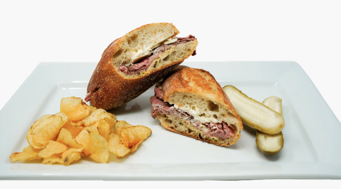 In-house roast beef, aged cheddar, Dijon mustard, and horseradish mayo - served on a delicious <a href="/bbirdco/">bbirdco</a> demi-baguette. The DVB is available for home delivery: rowefarmsonline.ca