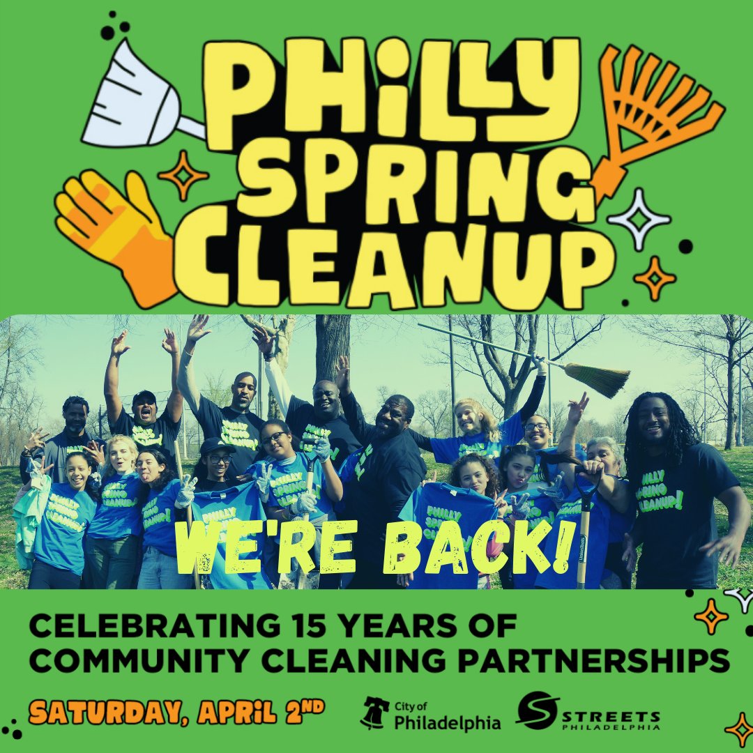 StreetsPhila's tweet photo. 🌬️👋We're gearing up for the Spring people... The Philly Spring Cleanup project submission portal opens today. Visit https://t.co/t6ycERm6Zg for more info or to register a site that could use a little TLC. #CleanPHL 🧹 https://t.co/DpP9VVfGnQ
