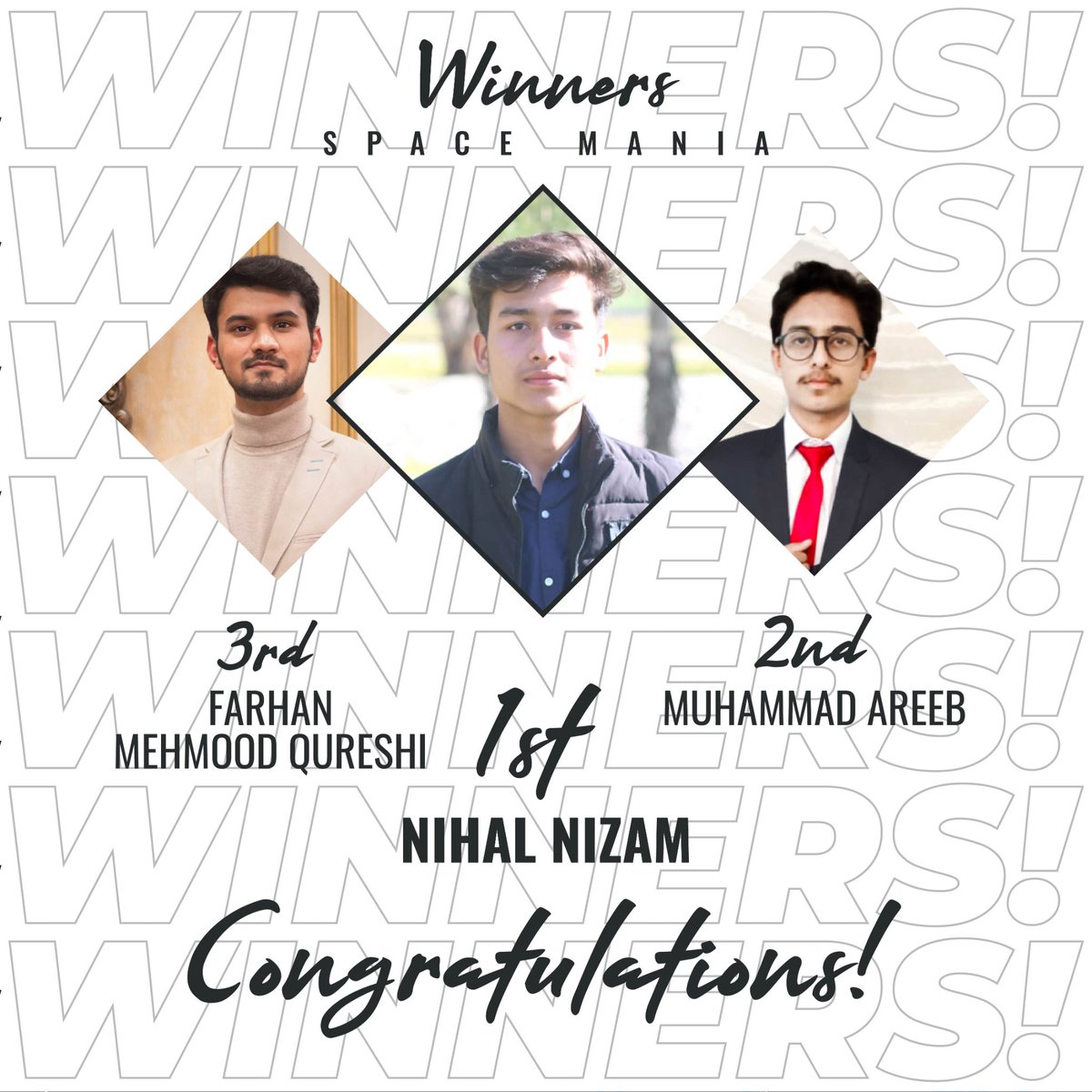 BPSFcc's tweet photo. Hold your heart folks, the wait is over. 
We are exhilarated to announce the winners of the Space Mania quiz.

Nihal Nizam, Muhammad Areeb, Farhan Mehmood Qureshi

#FCCU #StudentsActivities #BenadePhysicsSociety #SpaceMania #Science 
#ScienceEducation https://t.co/ZTjbFTPleM