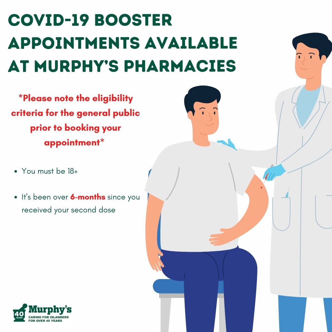Islanders 18+ can book their COVID-19 booster dose online at murphyspharmacies.com, providing they wait at least six months since receiving their second dose. Schedule yours today! #PEI 
#MurphysPEI
#PrinceEdwardIsland