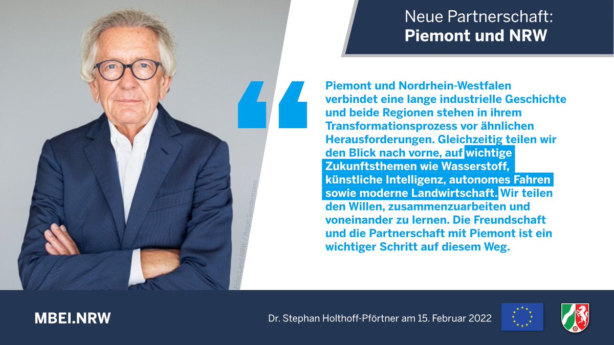 mbeimnrw's tweet photo. Die Absichtserklärung mit Piemont sieht eine verstärkte Zusammenarbeit auf europäischer und internationaler Ebene vor. Minister Holthoff-Pförtner: „Starke Regionen und eine intensive Kooperation der Regionen untereinander bilden das Fundament Europas." https://t.co/sA5iHHZrlh