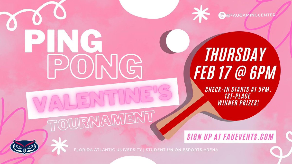 FAUStudentUnion's tweet photo. Will you be our #Valentine? 💕🥰💕
Meet us at the Student Union's Esports Arena for some Valentine’s-themed DUOS tournaments! 😍So grab your buddy, SO, or competitive rival for this event! Single riders will be partnered up for this attraction!
#FAU #gaming #ValentinesDay2022 https://t.co/tfSMqLjnwi