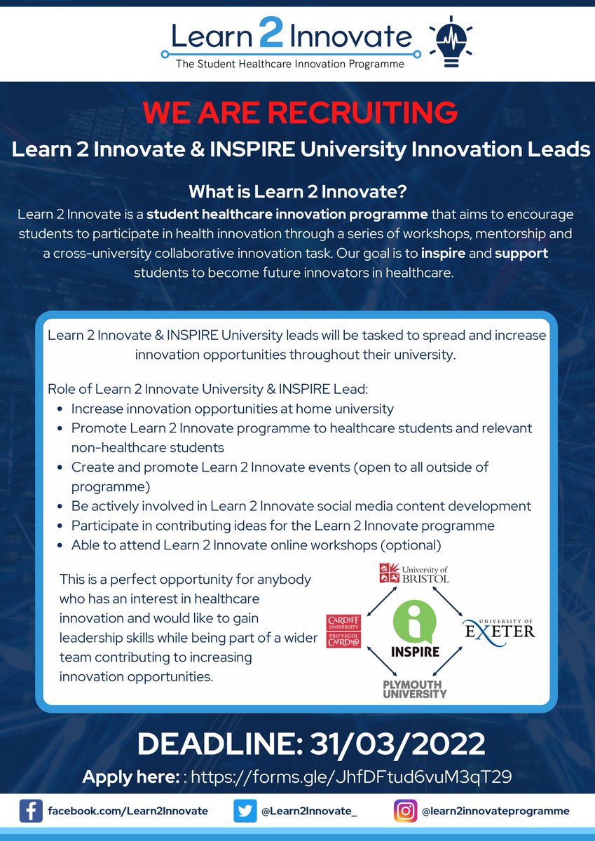 Learn2Innovate is recruiting! Get your application in by 31st March 2022 for the chance to become a university lead!
Application link: forms.gle/JhfDFtud6vuM3q… 

You can find and follow Learn2Innovate on Twitter x.com/learn2innovate_ or on Instagram instagram.com/learn2innovate…