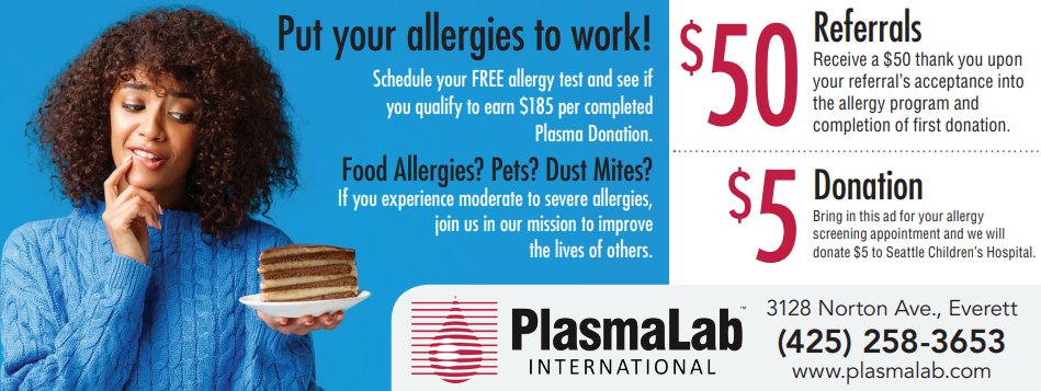 February sunshine=the beginning of pollen season in #NWWA! If you get allergies from tree pollen, you may qualify for our $185 allergy antibody donation program. Screening appts with allergy test available M-F. plasmalab.10to8.com #everettwa #seattlewa #pnw #snohomish