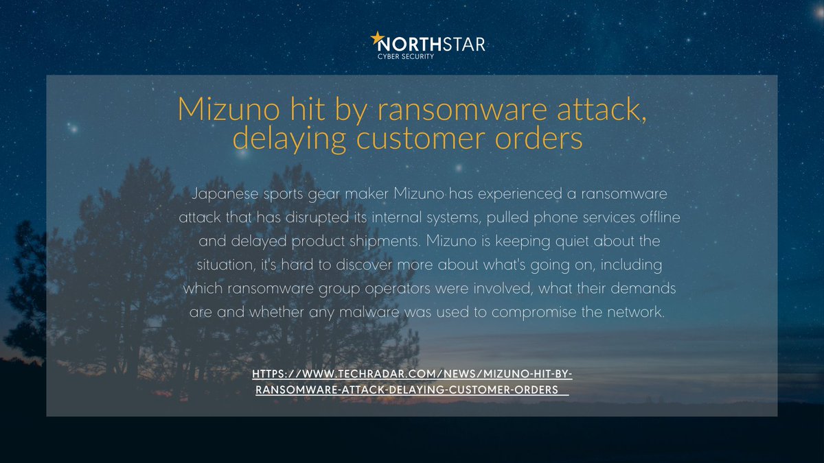 CybaVerse's tweet photo. Mizuno hit by Ransomware!

The Japanese sports gear manufacturer was hit by ransomware but are keeping quiet about the situation.

Speak to our team to keep you secure!

#malware #ransomware #cybersecurity #infosecurity #mizuno https://t.co/9tlzsW08kK