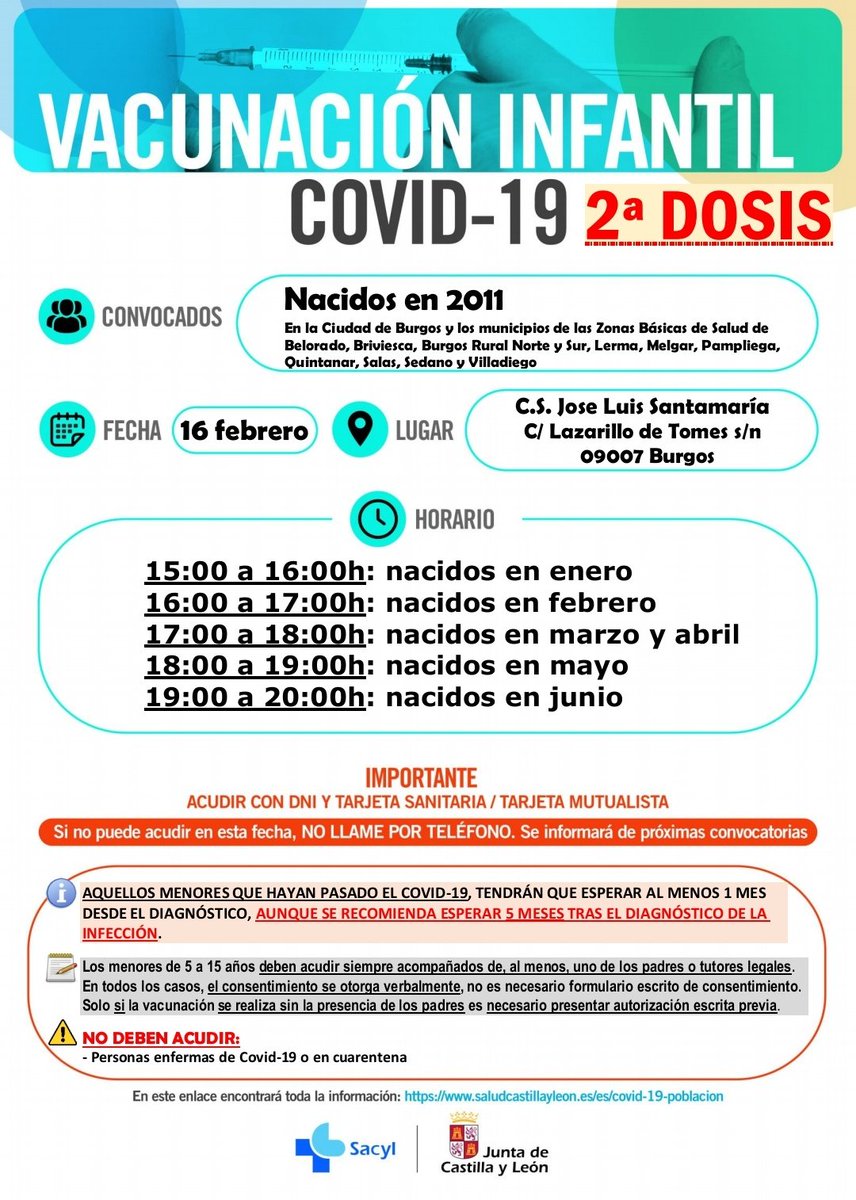 PoliciadeBurgos's tweet photo. 📣 VACUNACIÓN INFANTIL

➡️ SEGUNDA DOSIS FEBRERO

➡️C.S. José Luis Santamaría de la calle Lazarillo de Tormes.

➡️ Miércoles 16 y jueves 17
   🔹 Nacidos/as en 2011

Más info. accede a este enlace 👇https://t.co/GN79YqJwDA https://t.co/Y5WcSA3C9k