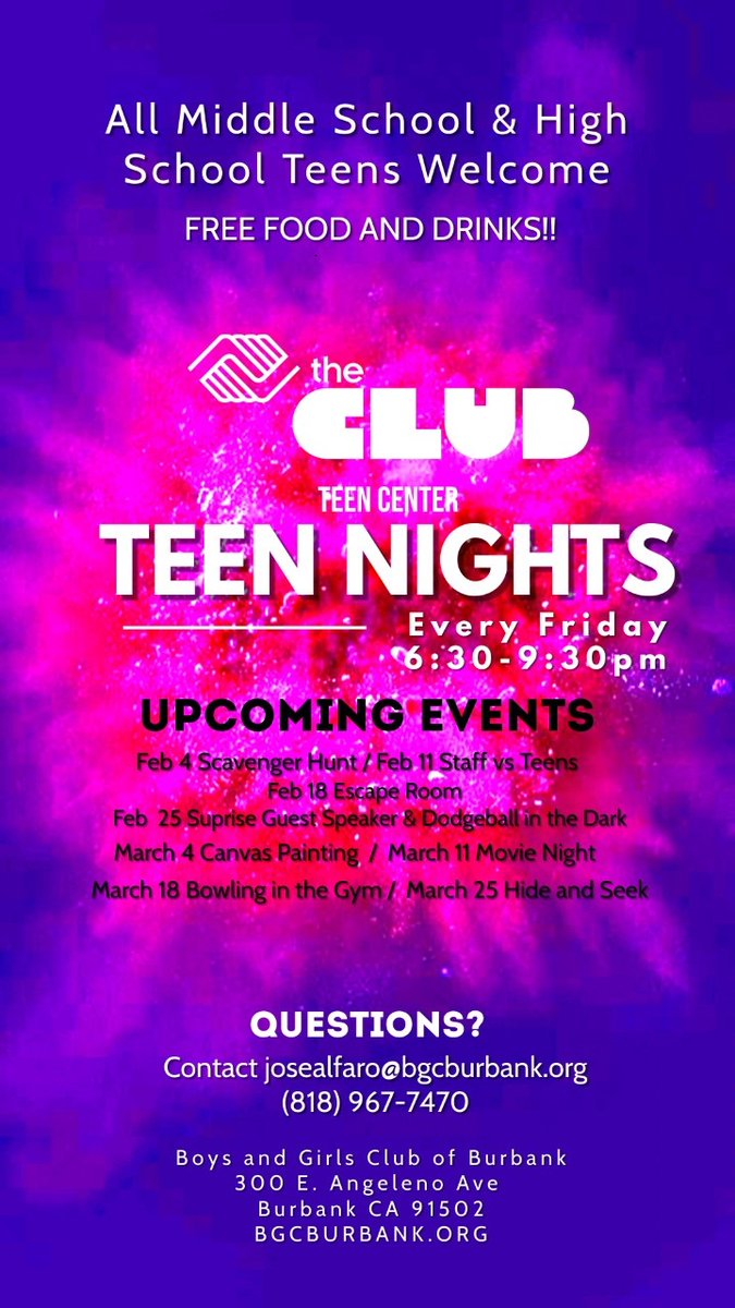 JBHSGuidance's tweet photo. Join the Burbank Boys &amp; Girls Club for Teen Nights every Friday! https://t.co/2nNOEQHUKC
