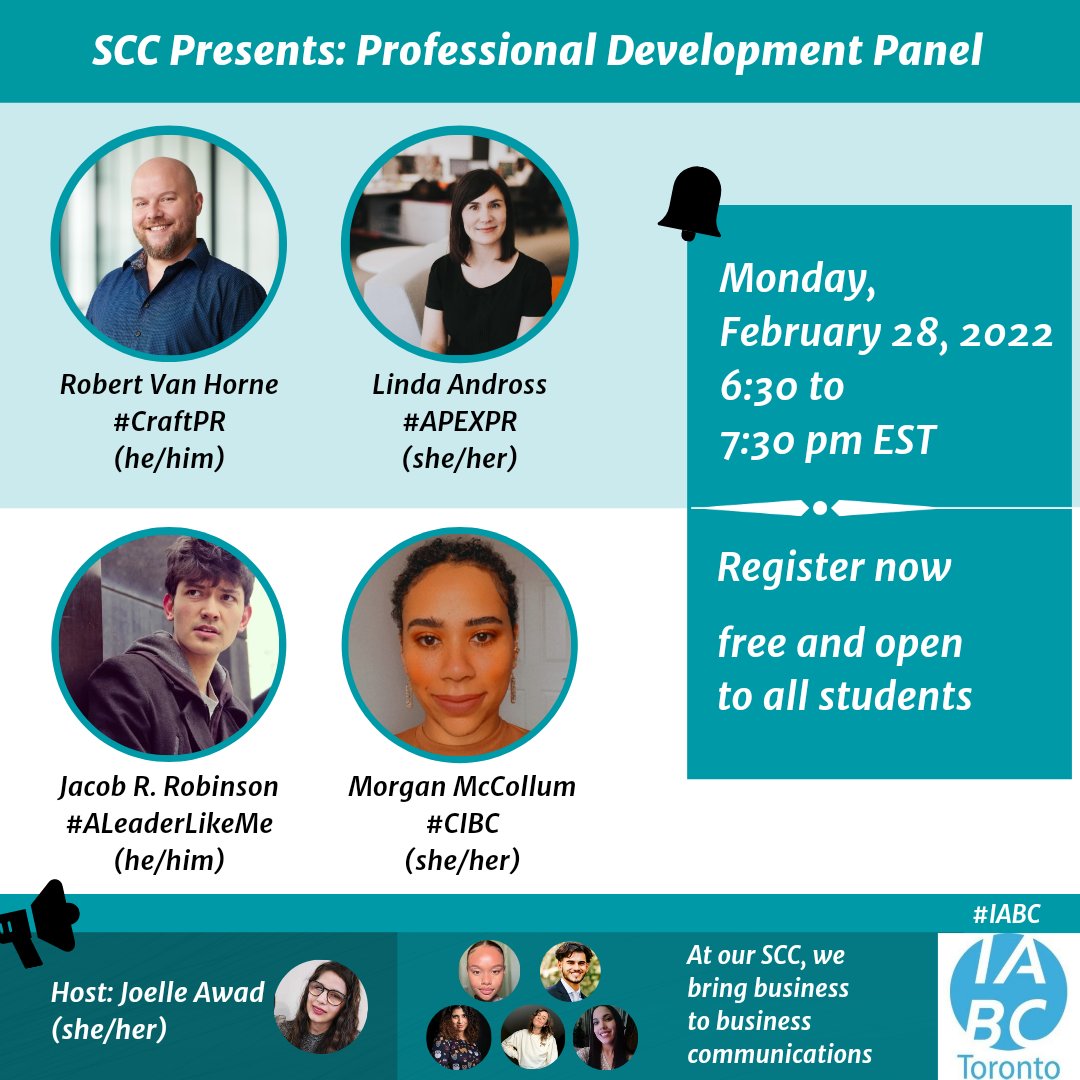 Are you worried about #internships or #Careers in #communication?
Join #SCC #professionaldevelopment panel on Feb 28, from 6:30-7:30 pm EST.
Our panelists:
<a href="/APEXLinda/">Linda Andross</a> - <a href="/APEXPR/">APEX PR</a> 
@RobVanHorne - <a href="/crftpr/">Craft PR</a> 
<a href="/jacobrr2_/">Jacob W. R. Robinson</a> 
Morgan McCollum <a href="/cibc/">CIBC</a> 
#IABC 
Reg Now!👇
shorturl.at/bdJOS