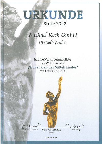 GmbKoch's tweet photo. We are proud to announce, that we have once again reached the nomination list for the competition "Grand Prix Mittelstand". The competition is one of the most coveted business awards in Germany. In 2019 we received the highest award within the competition. #MichaelKochGmbH https://t.co/qlc7ksn5Ex