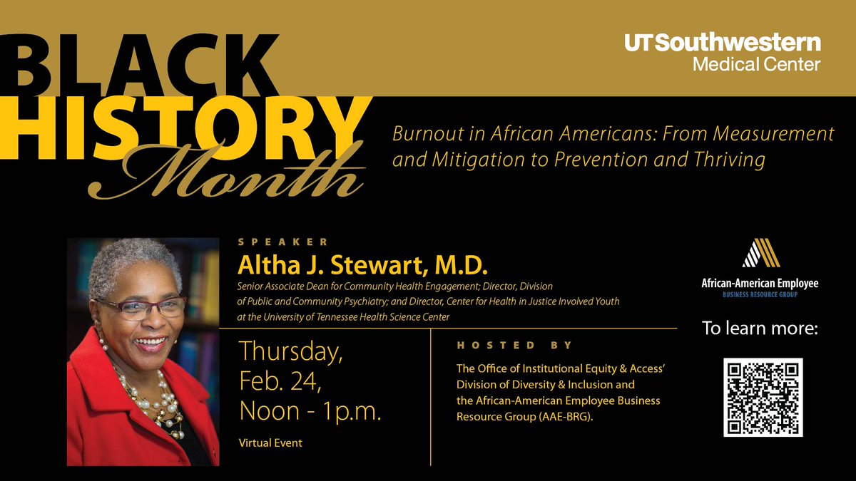 Join us for the annual Black History Month Celebration featuring keynote speaker @DrAlthaStewart, M.D., Senior Associate Dean for Community Health Engagement at @uthsc on Thursday, Feb. 24 at noon CT. Register today: bit.ly/3HE24r1