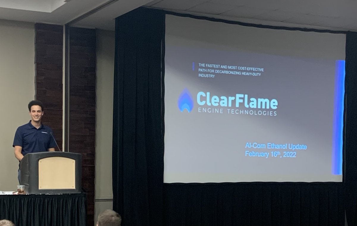 AlCornEthanol's tweet photo. Dr. BJ Johnson, CEO and co-founder of @ClearFlameEng, keynotes the 26th Al-Corn Annual Meeting.  His company develops solutions that increase the performance of, and reduce emissions from, internal combustion engines using decarbonized fuel such as ethanol. https://t.co/l5CzHWuf8d