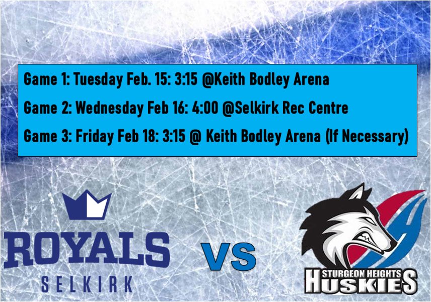 SelkirkRoyals's tweet photo. It’s that time of year! The Royals will face the Sturgeon Heights Huskies in the WHSHL quarter Finals! Game 1 goes today at 3:15 @ Keith Bodley Arena! Come out and support your boys in blue! https://t.co/i6pwMcQhHj