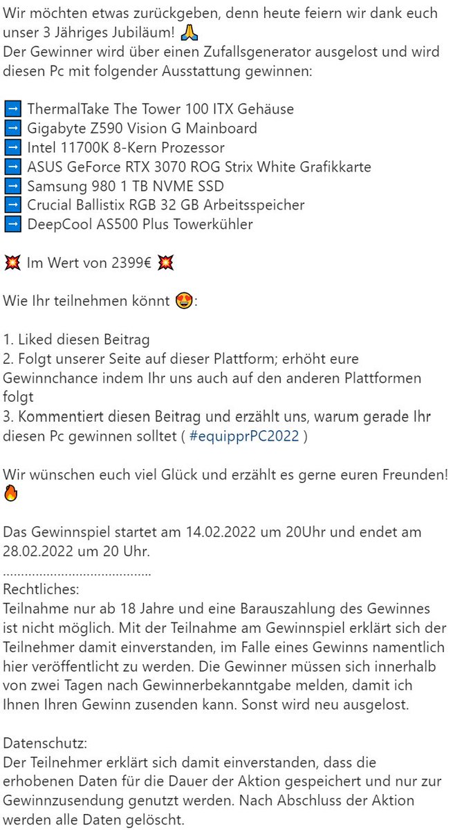 Wir verlosen diesen PC im Wert von 2399 €! 😱

1. Liked diesen Beitrag
2. Folgt unserer Seite auf dieser Plattform; erhöht eure Gewinnchance, indem ihr uns auch auf den anderen Plattformen folgt
3. Kommentiert diesen Beitrag und erzählt uns, warum ihr diesen PC gewinnen solltet