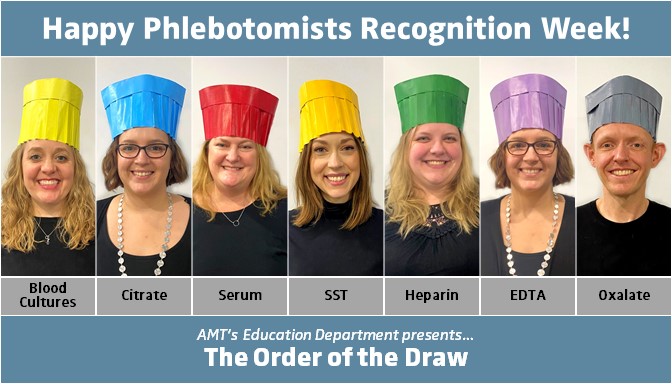 americanmedtech's tweet photo. Here’s our AMT Education team illustrating Order of the Draw for Phlebotomists Recognition Week! How do you remember the order of the draw? #AMTPhlebotomistsWeek #NPRW
#NationalPhlebotomistWeek https://t.co/EZcmQc3VVc