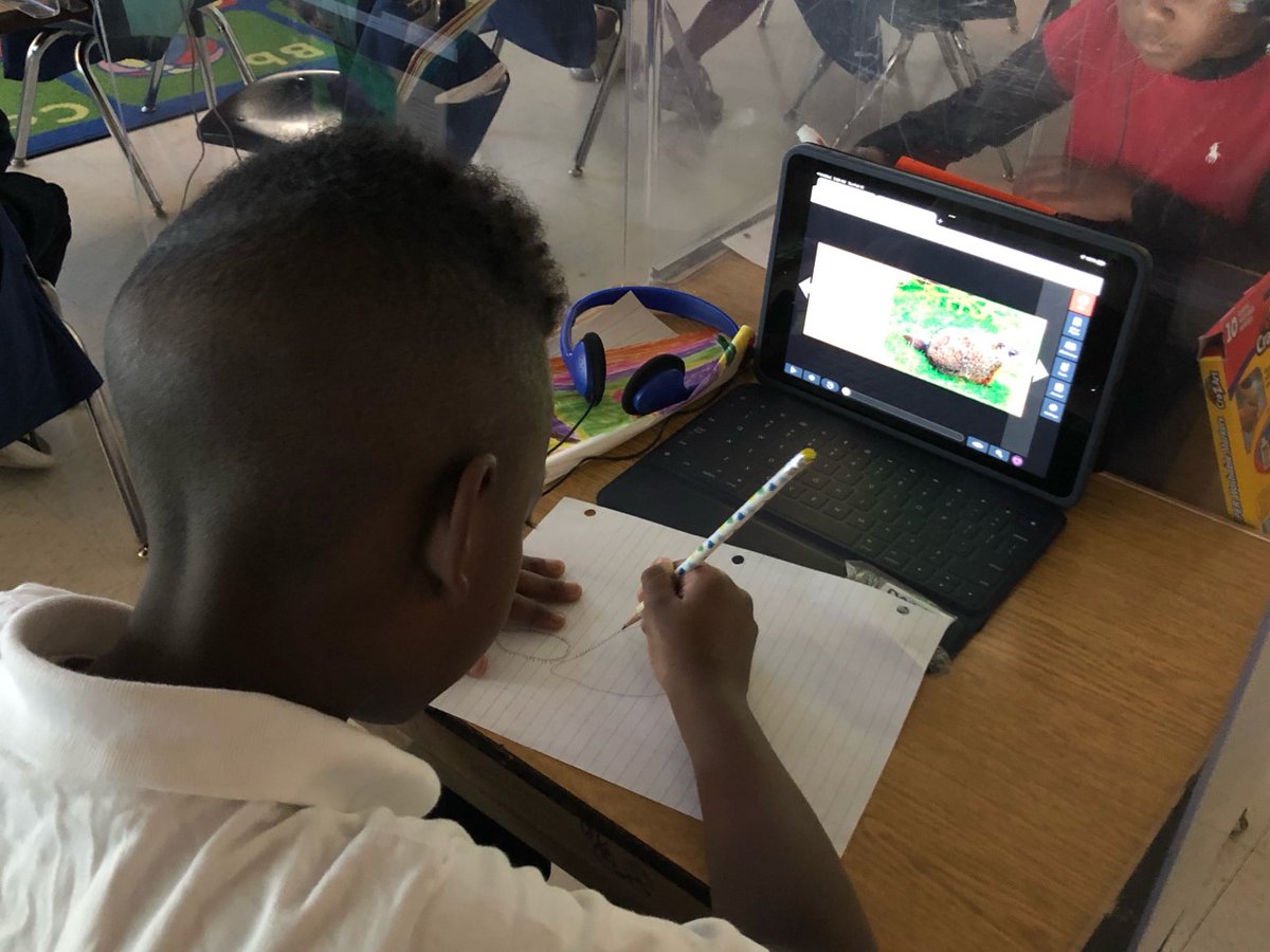's tweet image. We are using #MyOn to research groundhogs.  This student is using a picture from the book to help him draw a groundhog and write facts about them! 

#Kindergarten #techbabies @Shugart_Sheriff