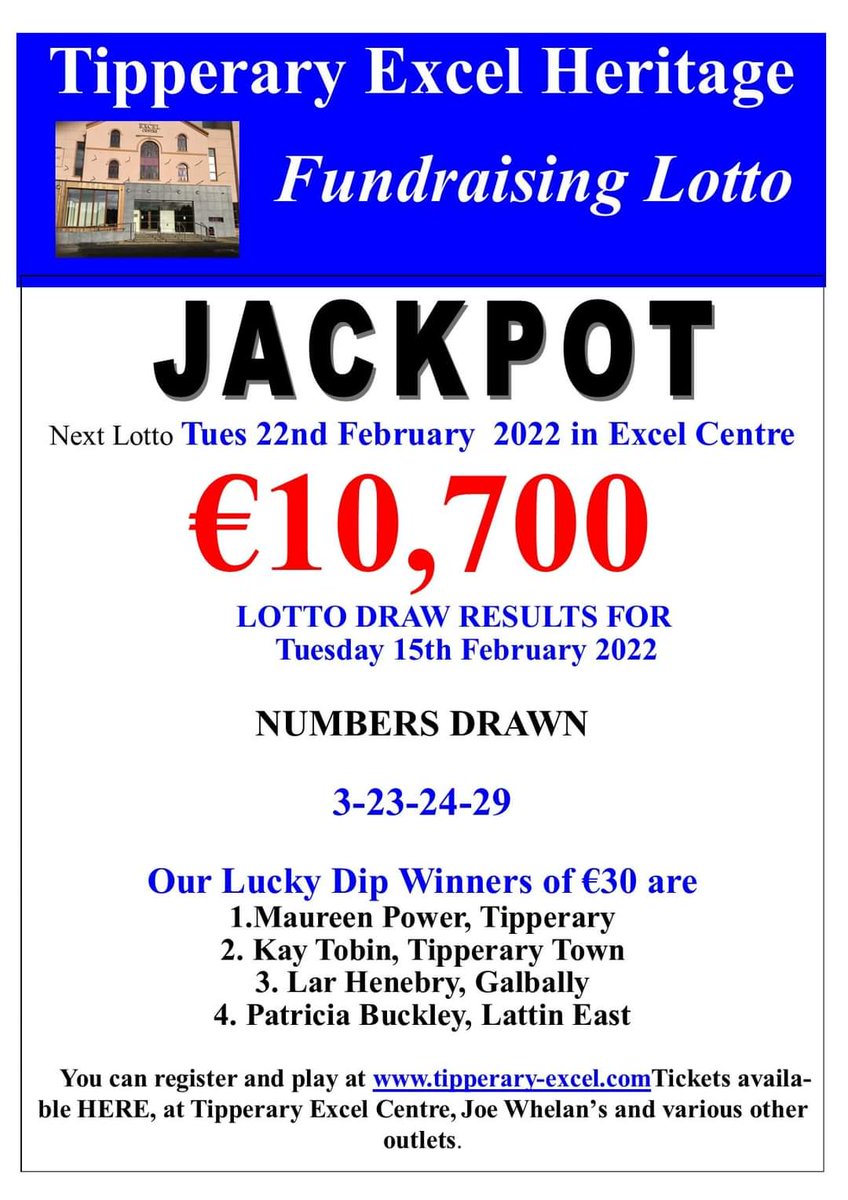 Tipperaryexcel (@tipperaryexcel) on Twitter photo We had no winner of our Lotto Jackpot today. See below for the winners if our 4 lucky dips. We had no winner of our Lotto Jackpot today. See below for the winners if our 4 lucky dips.