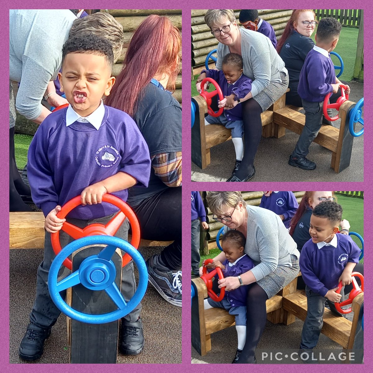 StMaryStBen's tweet photo. EYFS nursery are having great fun with our new outdoor equipment. We have been using our imagination to drive to lots of destinations. Although we think Mrs Martin had the most fun ! #OutdoorLearning #TeacherInteractions #ScaffoldingChildrensLearning #PlayingIsLearning https://t.co/Va9cRGKRgq