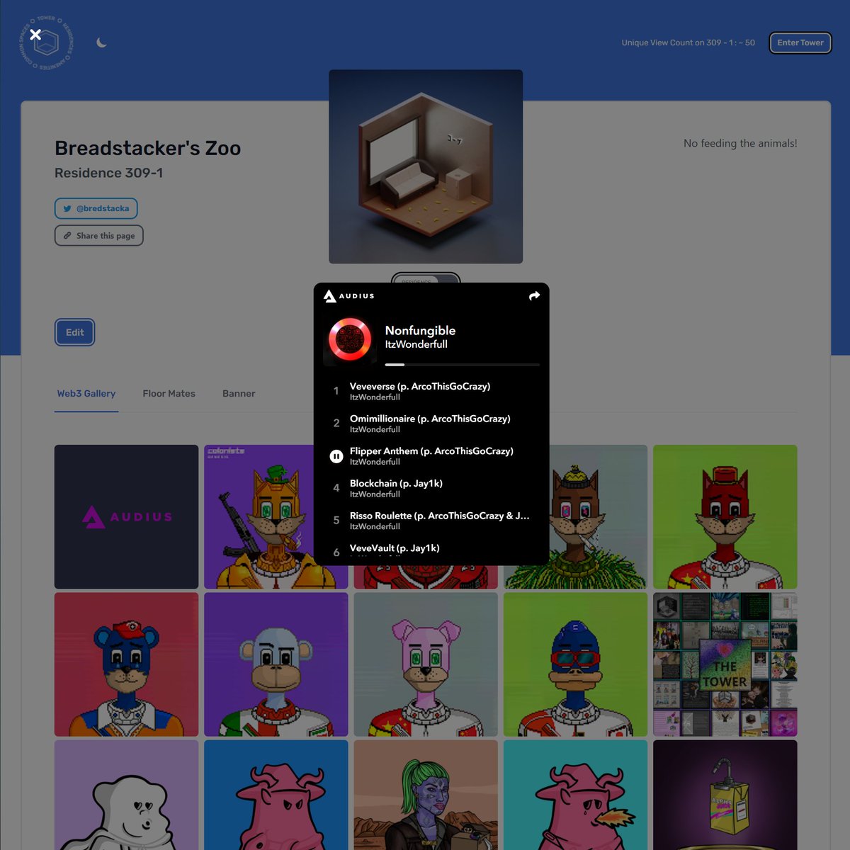 Sheeeesh <a href="/TowerDAO/">Tower</a> had another update today to set audius music in your $ETH / $SOL NFT gallery, I put on <a href="/NFTWonderfull/">Non Fungible ⭕️</a> for the culture 🙌

The customization just keeps coming 🛠 there's no better place to flex jpegs on these meta bozos 💎

Check my drip: towerdao.com/309/1