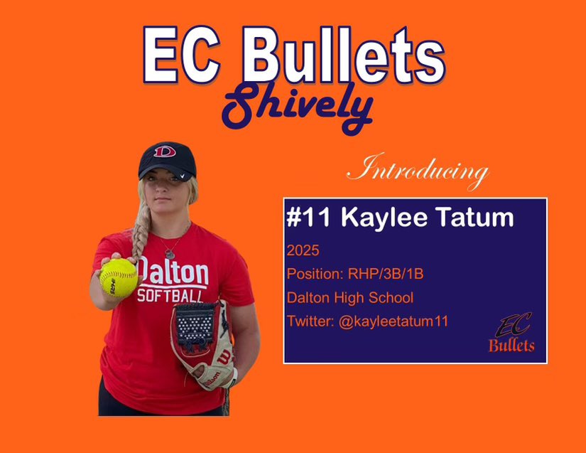 ec_shively's tweet photo. Rounding out our roster for the season, we’d like to welcome @kayleetatum11 to the squad. She will be a phenomenal presence on the mound with good command, speed, and spin. She is young but mighty! Go bullets! https://t.co/vF94RW8kwY