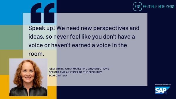 FemaleOneZero's tweet photo. “Speak up! We need new perspectives and ideas, so never feel like you don’t have a voice or haven’t earned a voice in the room.” - @julwhite, Chief Marketing and Solutions Officer and a member of the Executive Board @SAP
#F10 #F10Articles #SapWomenInTech #SapNextGen #LifeAtSap https://t.co/7mzWIcrS9l